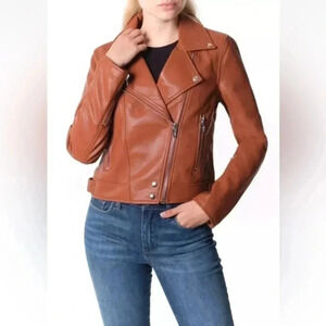 BLANKNYC Good Vibes Vegan Leather Motorcycle Jacket Chatter Box Cognac Brown XS